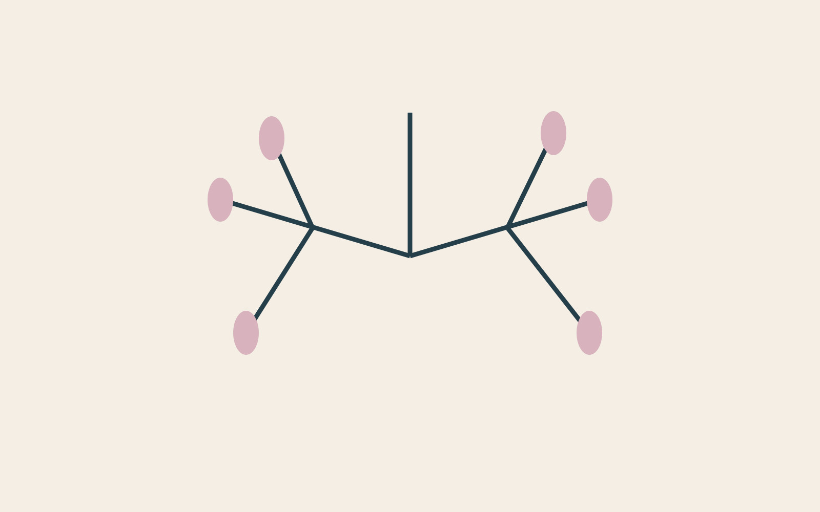 A slender branching structure carries six small pale leaf shapes.
