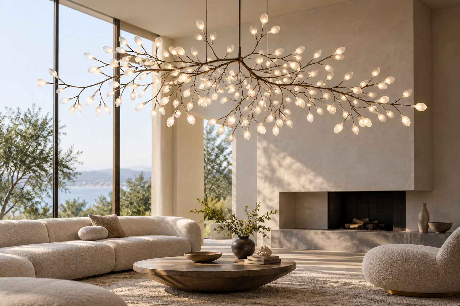 Fine dark branches carry many small pale leaf-shaped lights across an airy suspended composition.
