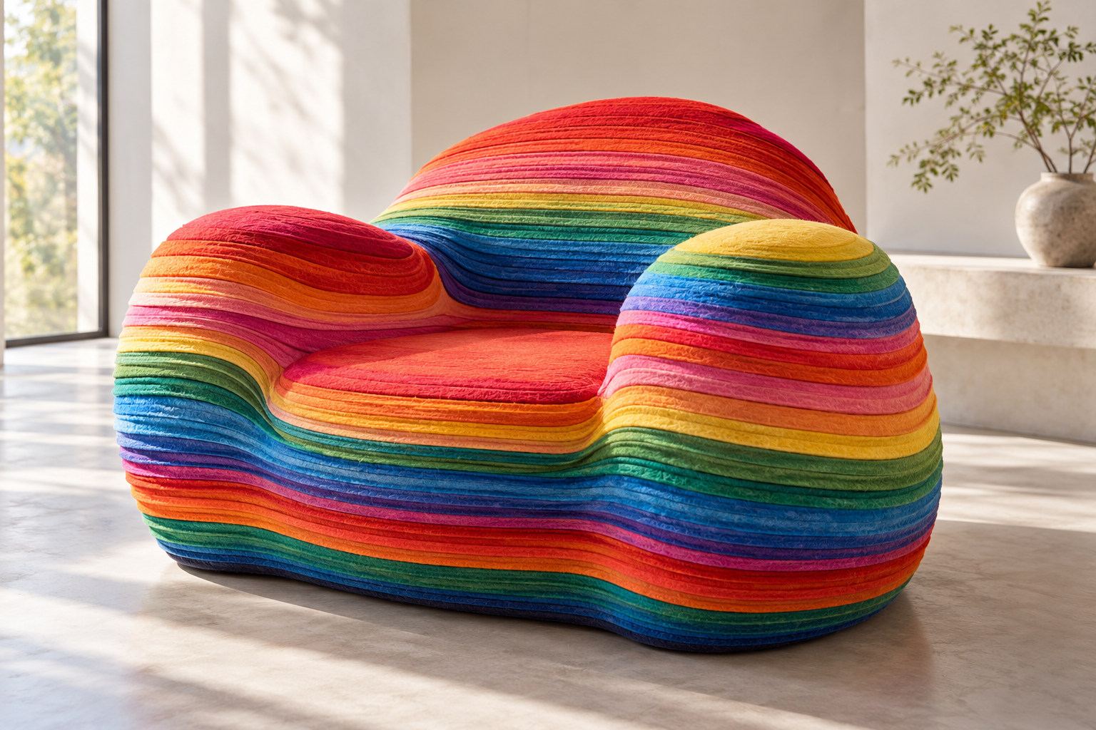 Many thin coloured horizontal textile-like layers form a rounded low chair body.