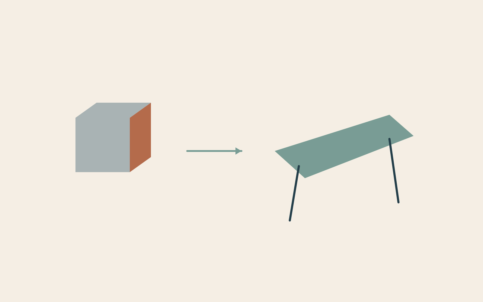 A box-like volume is paired with an abstract wing-shaped work surface.