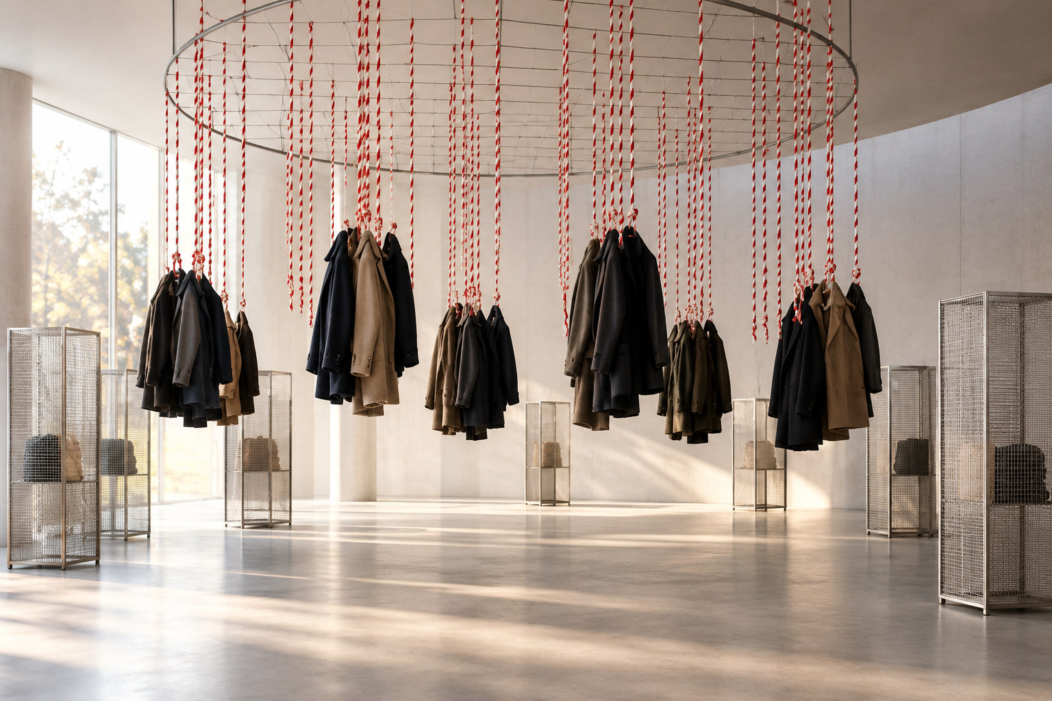 Coat clusters hang from red-and-white patterned ropes above an open floor, with metal-mesh lockers nearby.