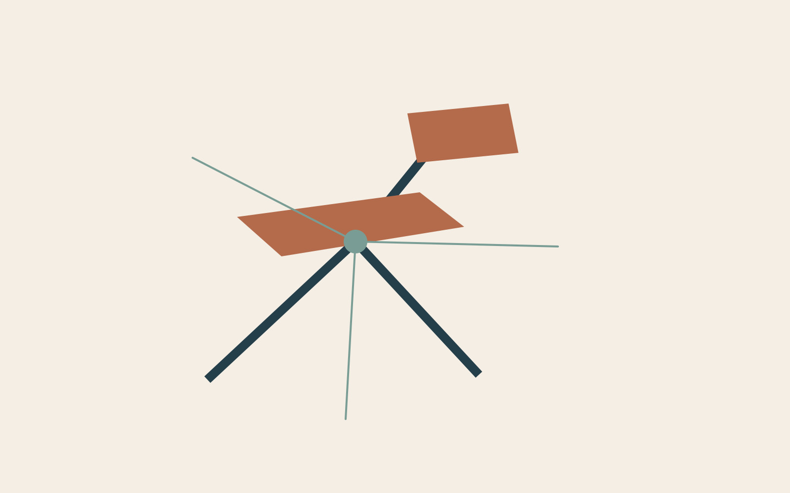 Seat and back planes meet a dark branching support around one highlighted junction.