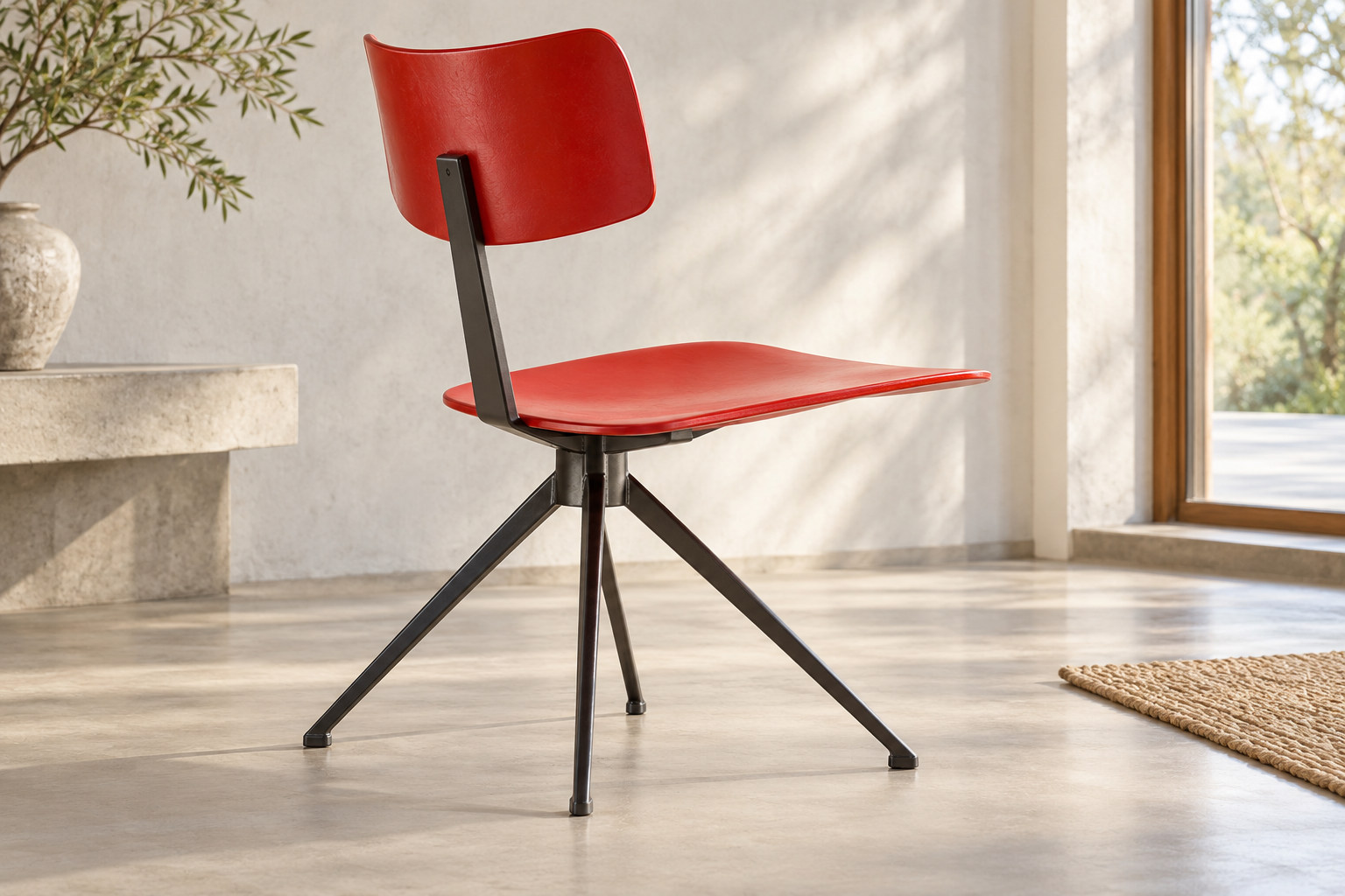 A primary-red seat and separate backrest meet a single central dark spine above four splayed legs gathered at one under-seat junction.