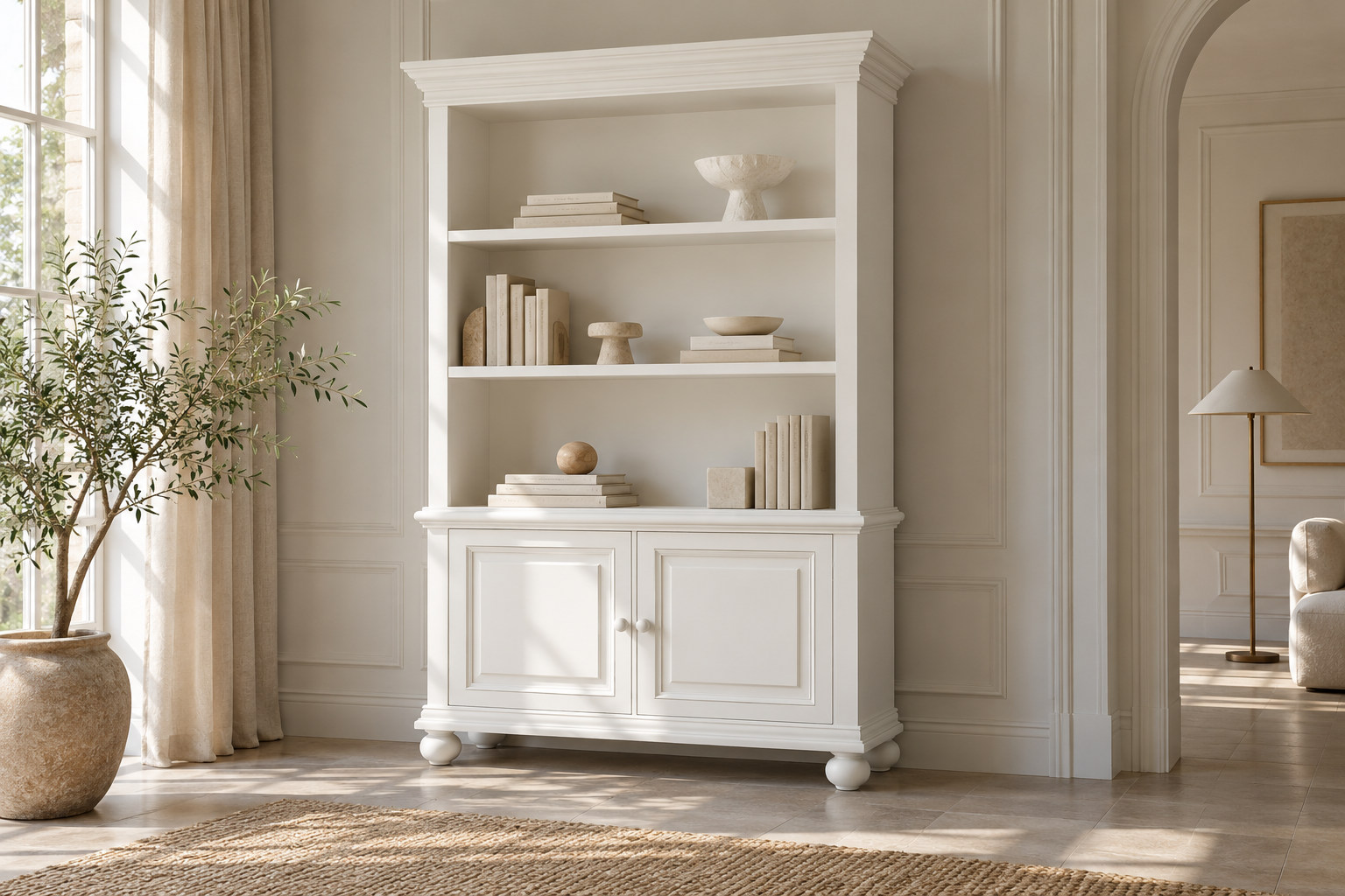 A tall white classical cabinet combines open upper shelves, a low closed panelled base, a shallow crown and rounded ornamental feet.