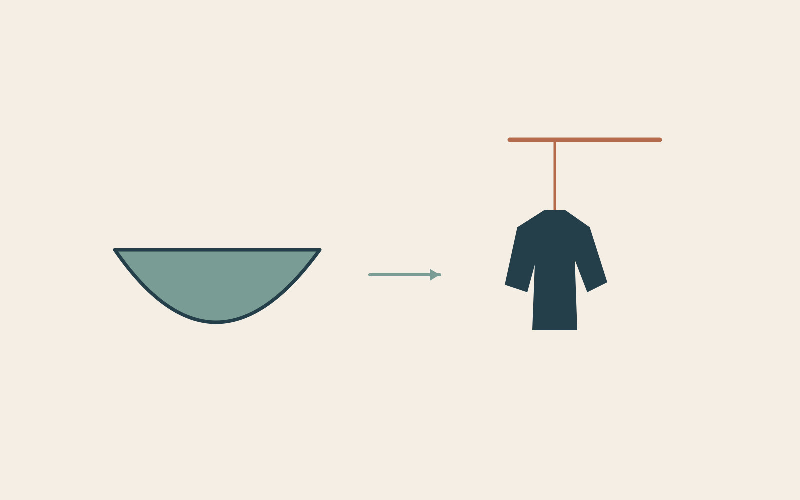 A vessel-like shape is paired with a suspended coat shape.