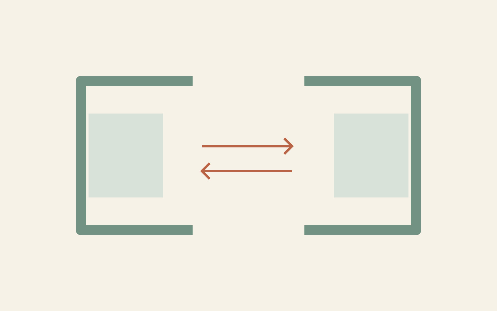 Two conceptual chair plans open towards one another across a central interval, with arrows highlighting the relationship between their fronts.