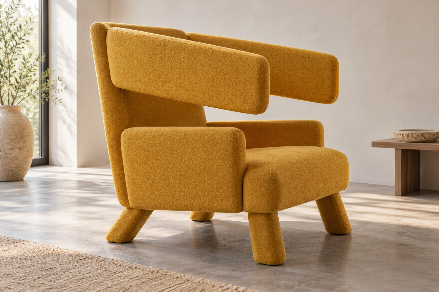 Large upholstered chair with long horizontal projecting ears, open gaps below them and a high back around a deep seat.