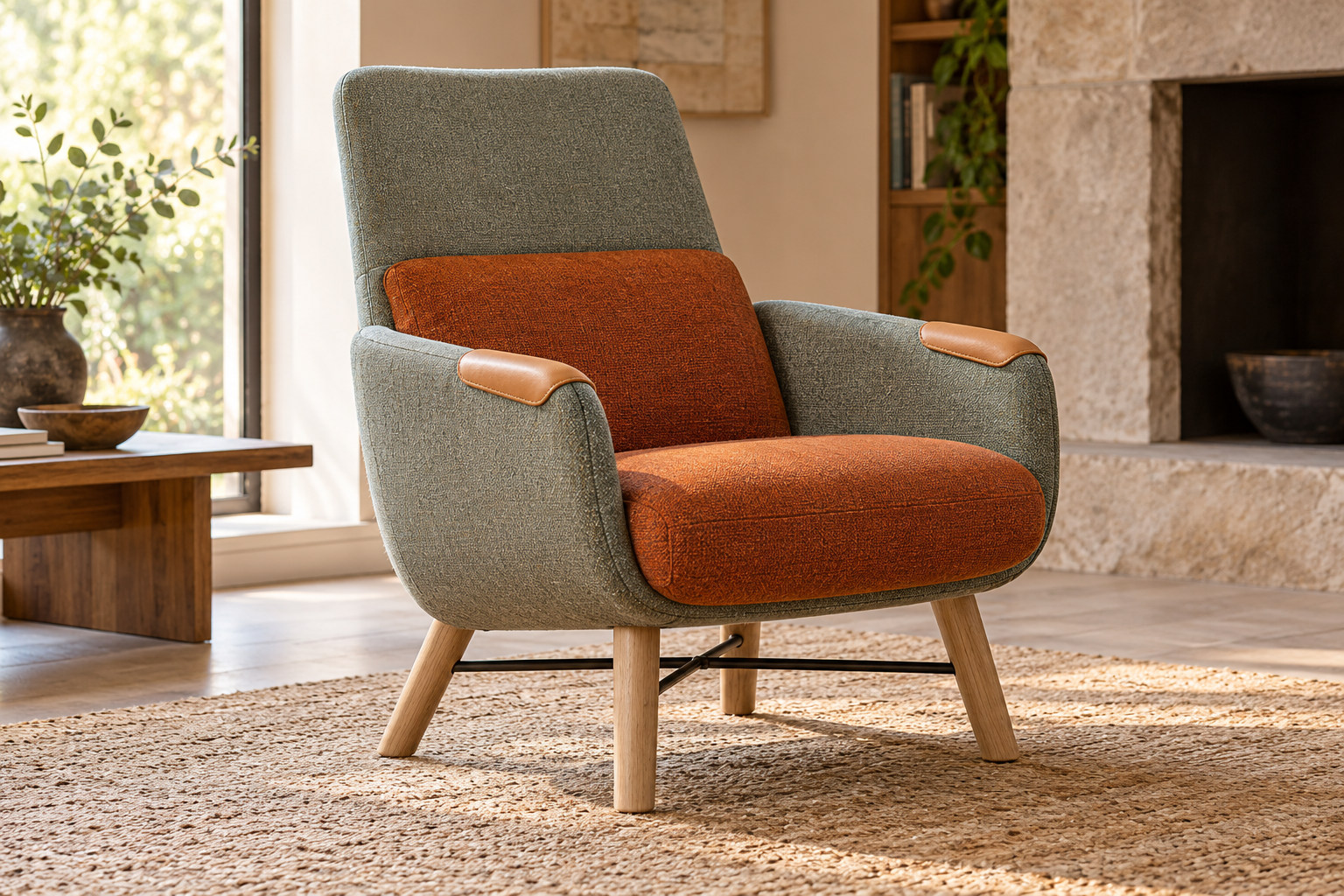 Compact armchair with grey-green and ochre fabric areas, tan leather arm contact surfaces, pale wooden members and dark metal details.