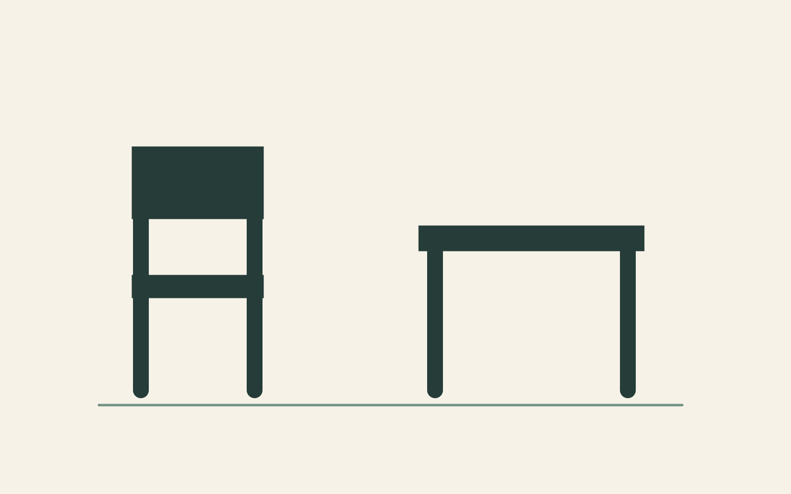 A small dark chair silhouette and a dark desk silhouette stand on one baseline, emphasising their common colour and distinct forms.