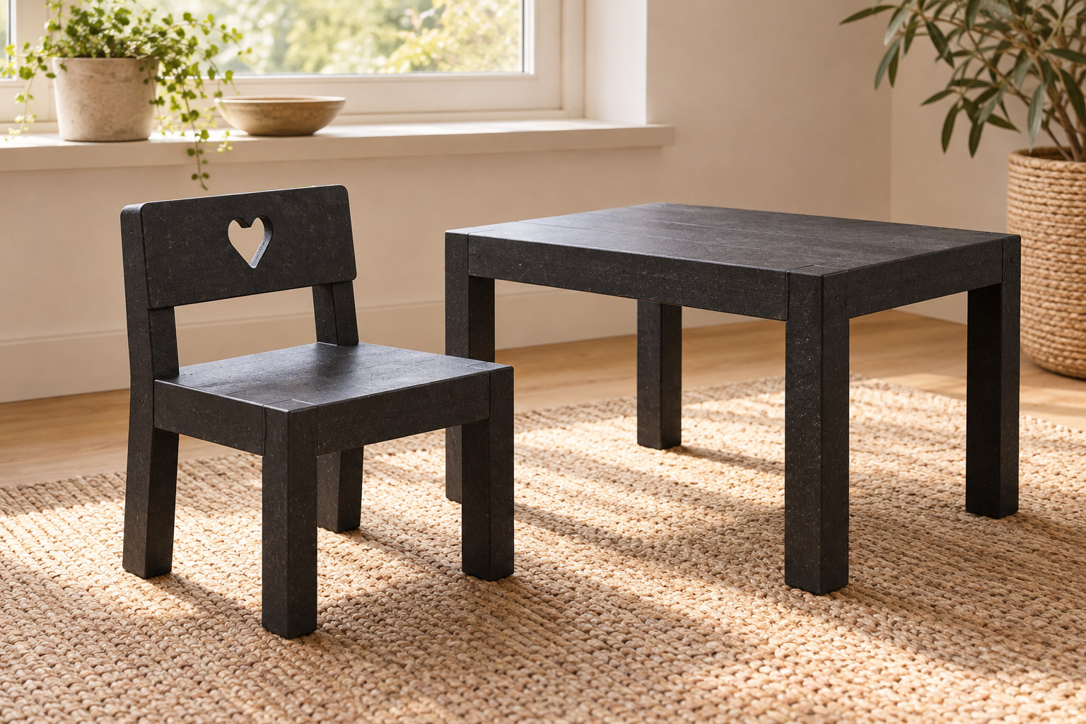 Small matt black chair and matching desk with plain thick members, their silhouettes visible against a bright imagined domestic room.