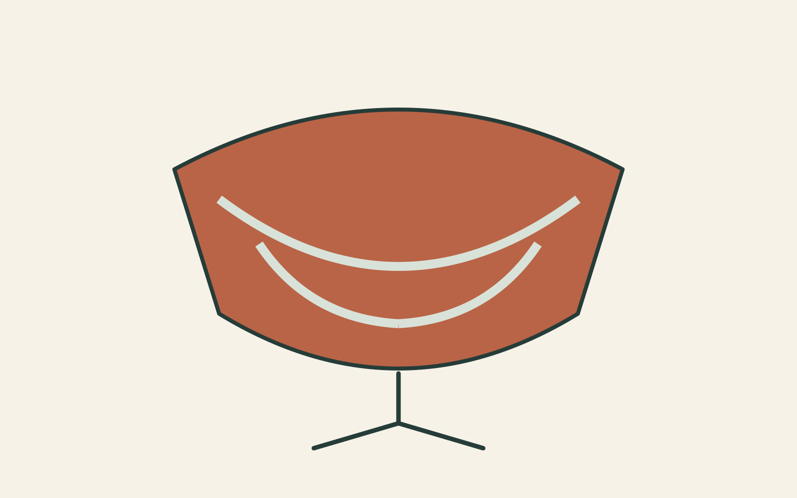 A broad rust-coloured cup surrounds pale curved marks, with a central support below, illustrating the gathered volume and surface folds.