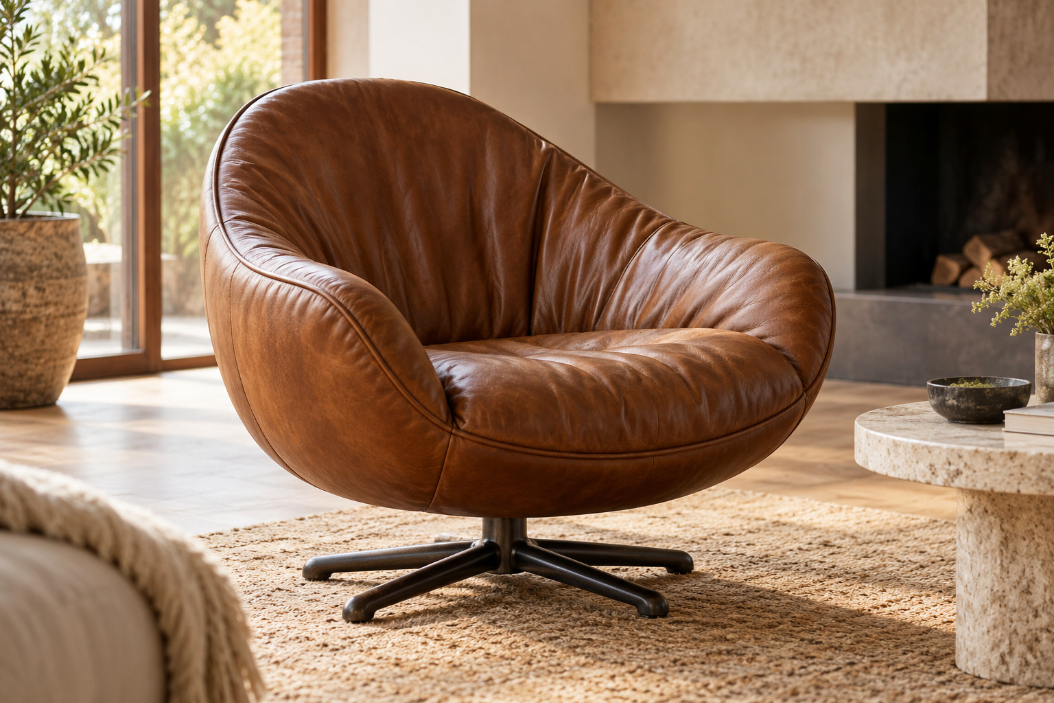 Broad brown leather tub chair with a deep cupped seat, curved upper edge, natural folds and a dark central swivel base.