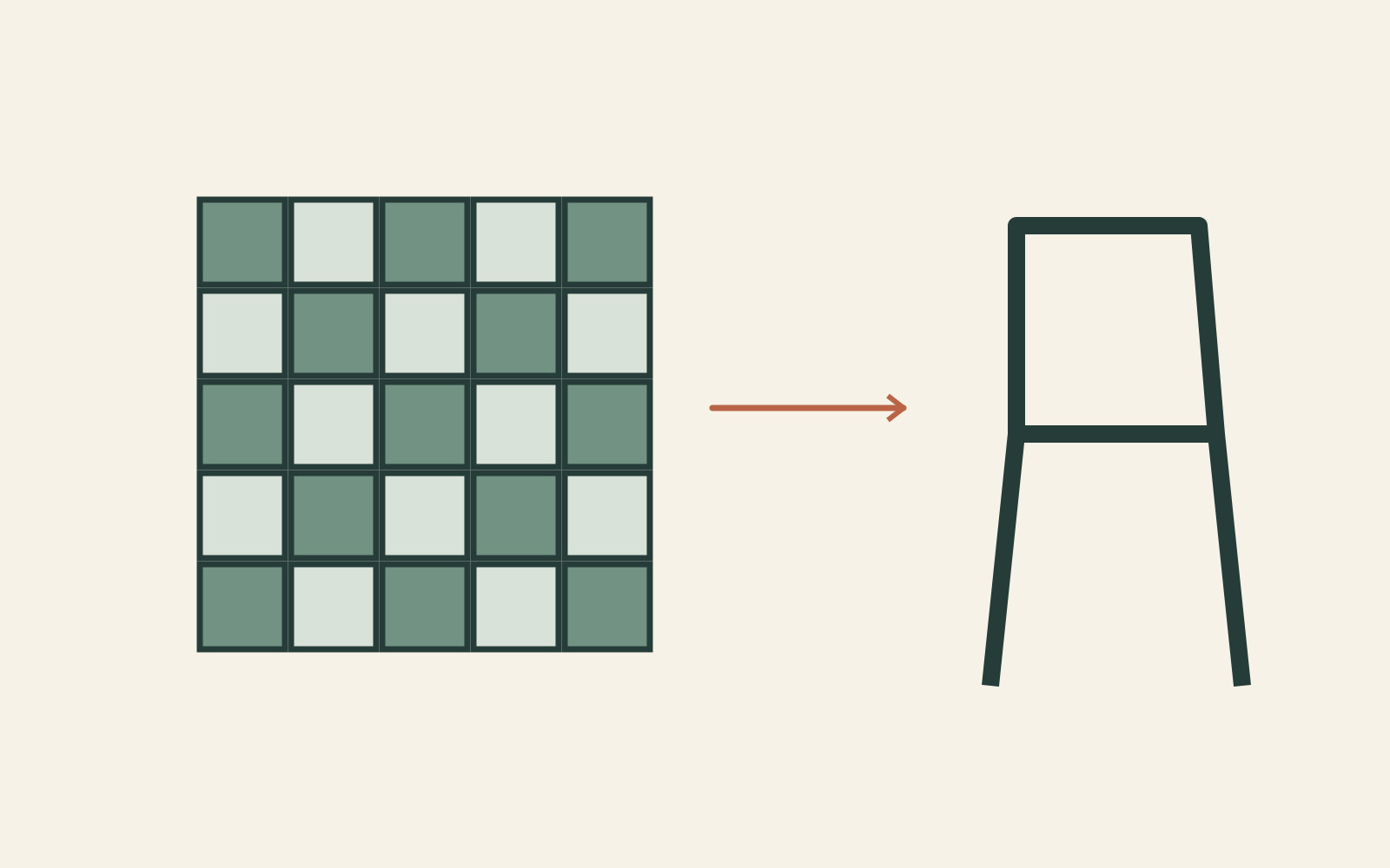 A group of small alternating-colour squares points towards a simple chair outline, explaining how a larger object can be assembled from smaller units.