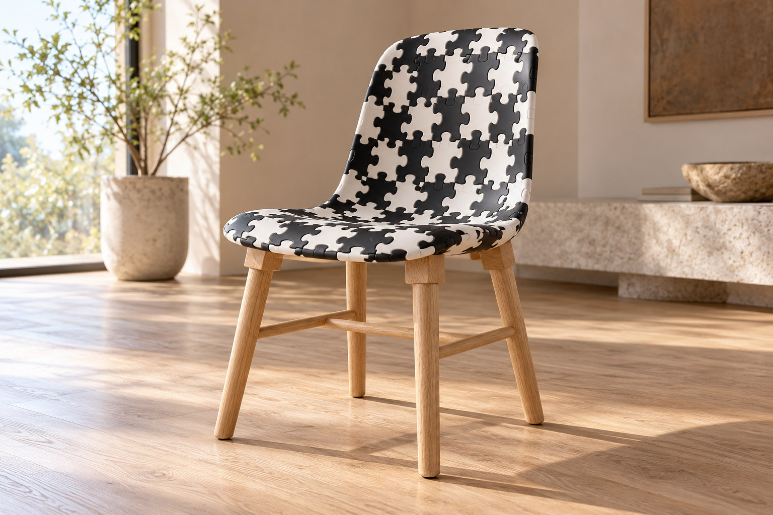 Interpretive four-legged chair with a continuous curved seat and back covered by fine interlocking puzzle seams and pale material patches.