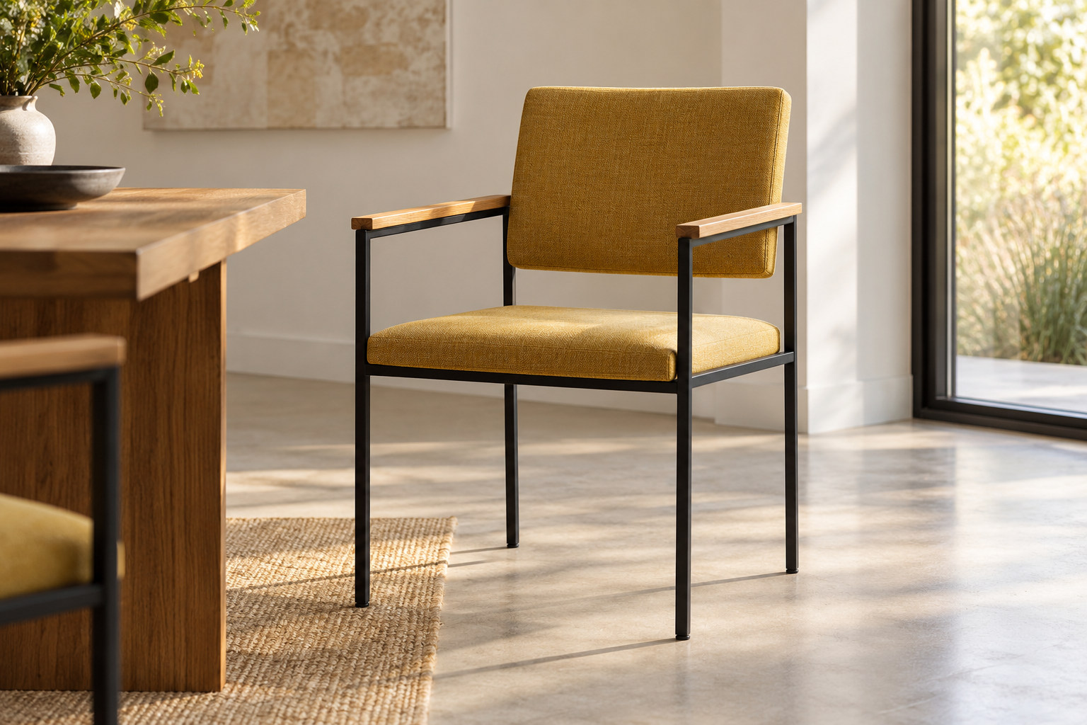 Upright upholstered dining chair with a fine black square-tube frame, separate seat and back and narrow pale wooden armrests.