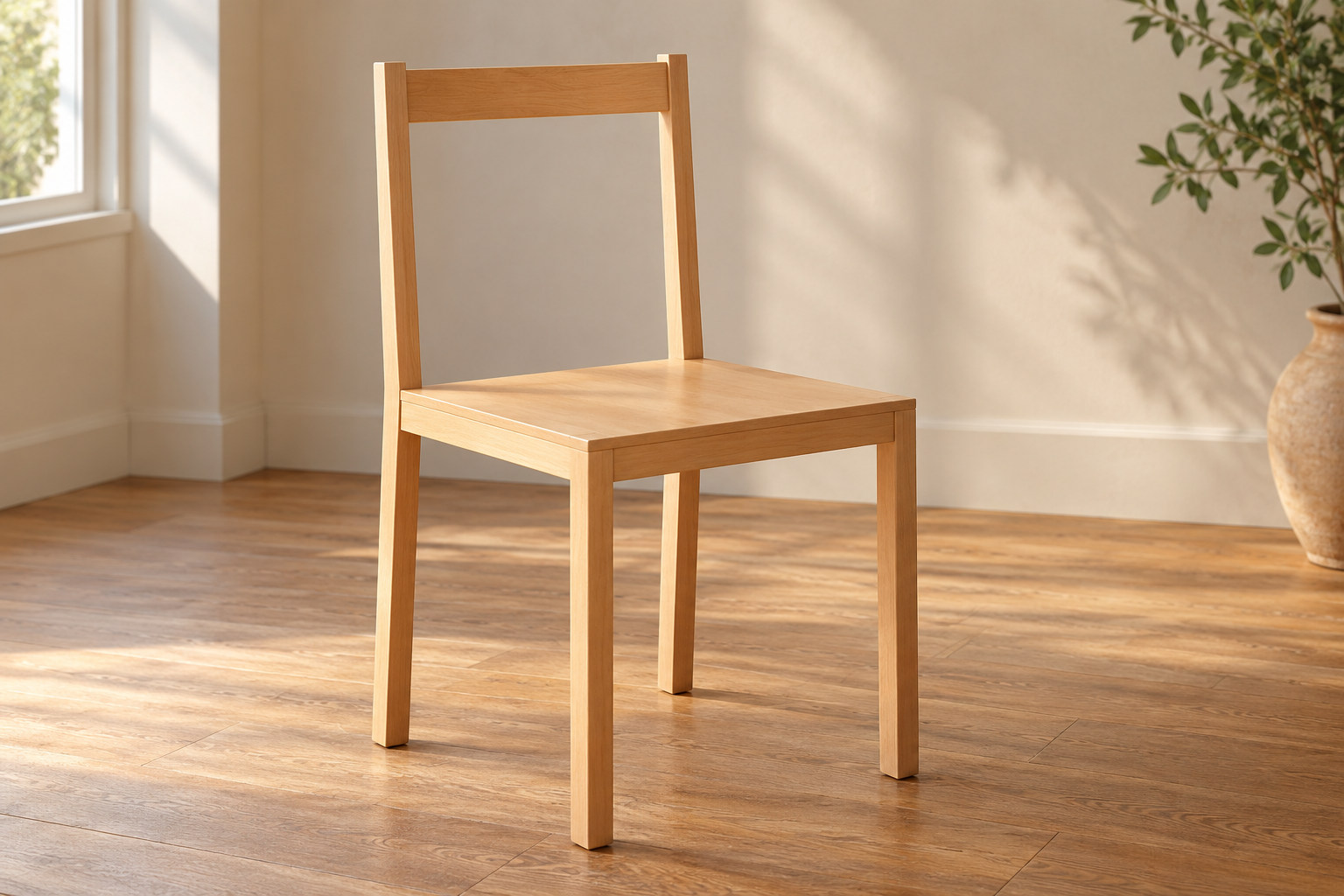 Plain pale timber dining chair with four straight legs, a flat square seat and an open back with a low horizontal rail, shown against a simple floor.