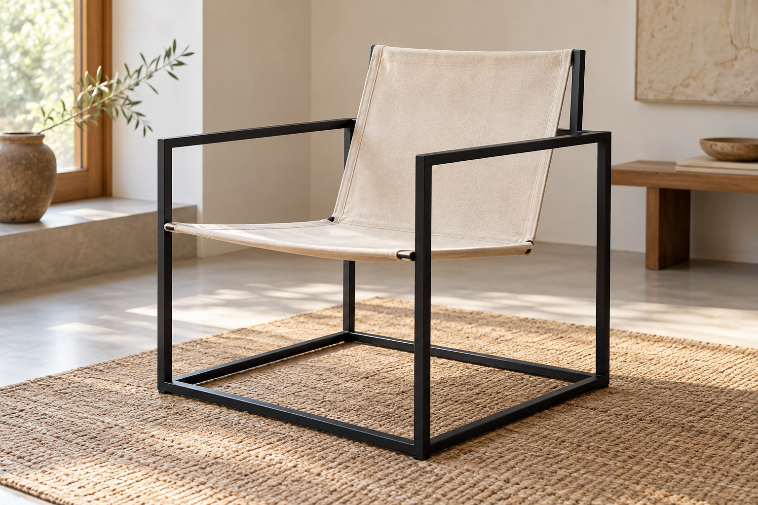 Open black geometric chair frame containing a thin sloping canvas seat and back, with the side outline visible around them.