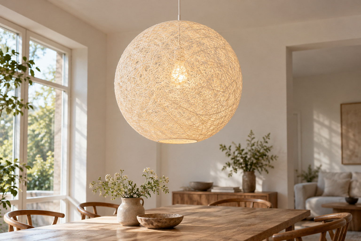 Airy round pendant made from a dense irregular network of pale fibres, with a warm light visible inside and gaps between the strands.