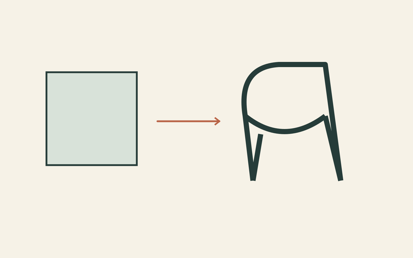 A pale rectangular sheet is linked to an abstract curved chair-like outline, showing a change from flat material to spatial form.