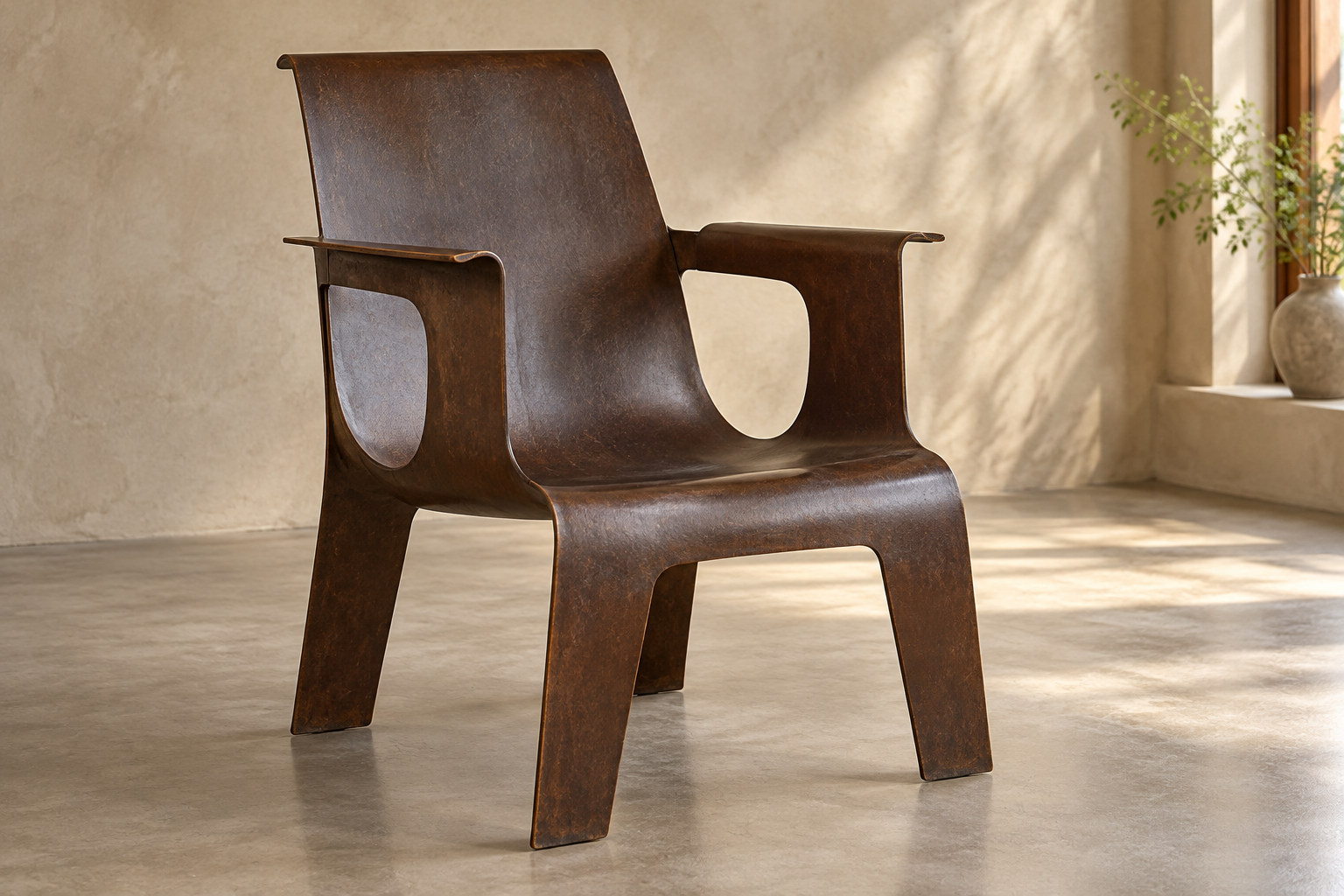 Interpretive dark brown fibre-sheet armchair with a curved seat and back, curled arm edges, open sides and broad tapering sheet supports.