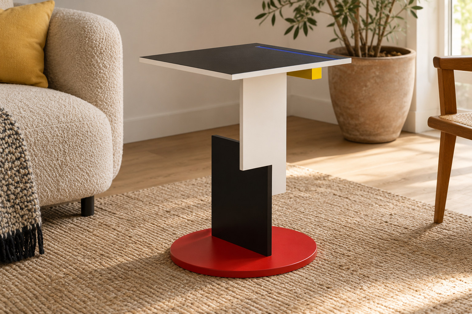 Small table with a black square top, intersecting pale and dark vertical planes and a red circular foot, seen from one side.