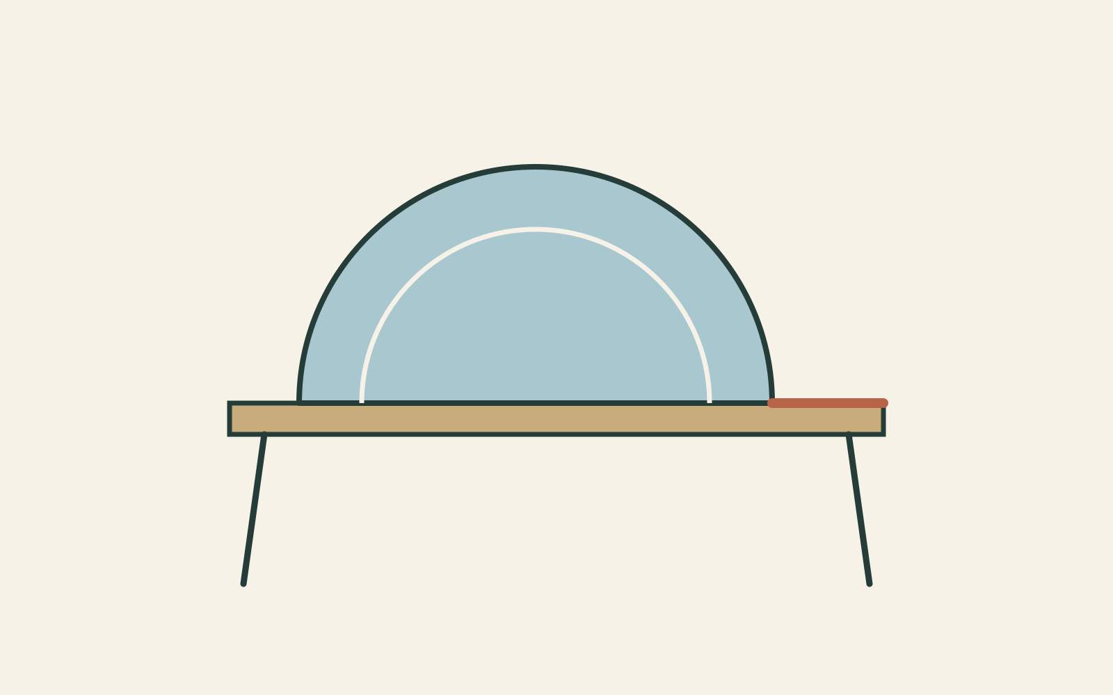 A blue curved shell gathers part of an oak-coloured table, leaving a highlighted tabletop extension outside the curved area.