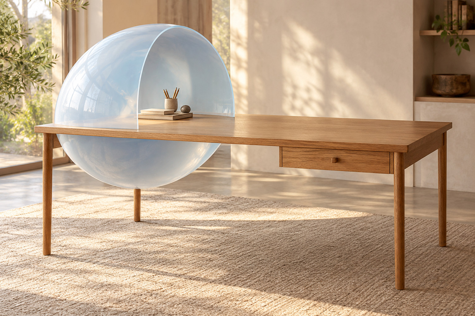 Natural oak table with a pale blue translucent acrylic half-sphere over one end, leaving the remainder of the tabletop exposed.