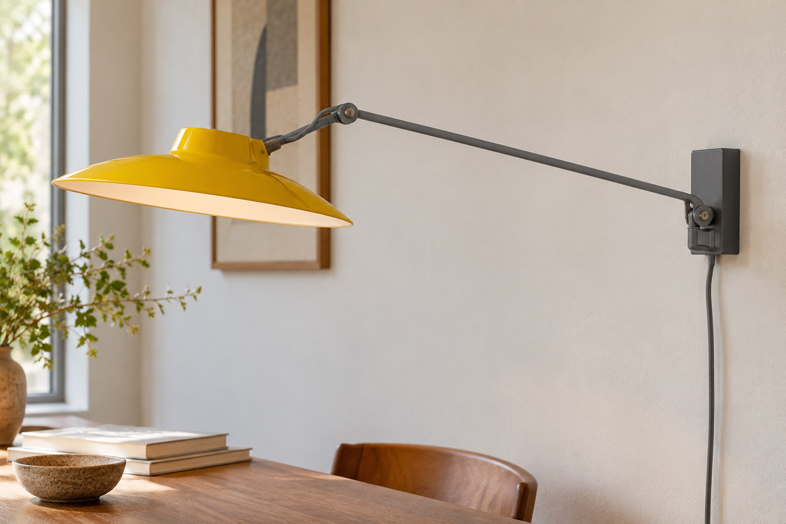Yellow broad-brimmed wall-lamp shade carried into the room by a fine jointed grey arm, with the wall attachment visible.