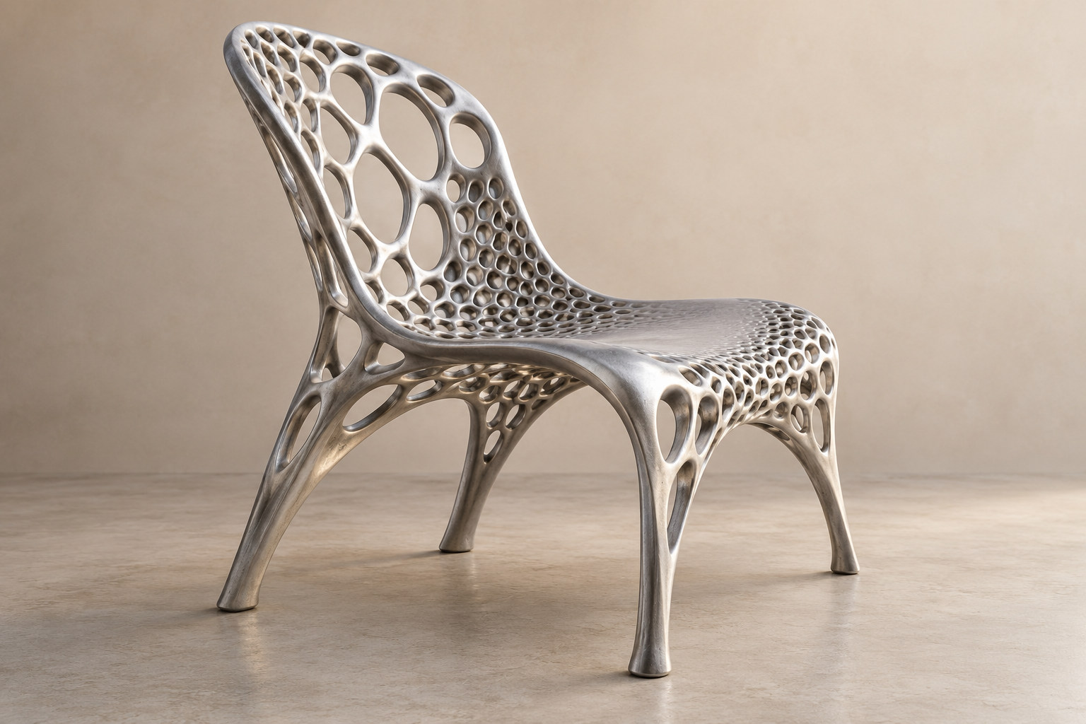 A metallic chair-like form changes between open cells and denser areas.