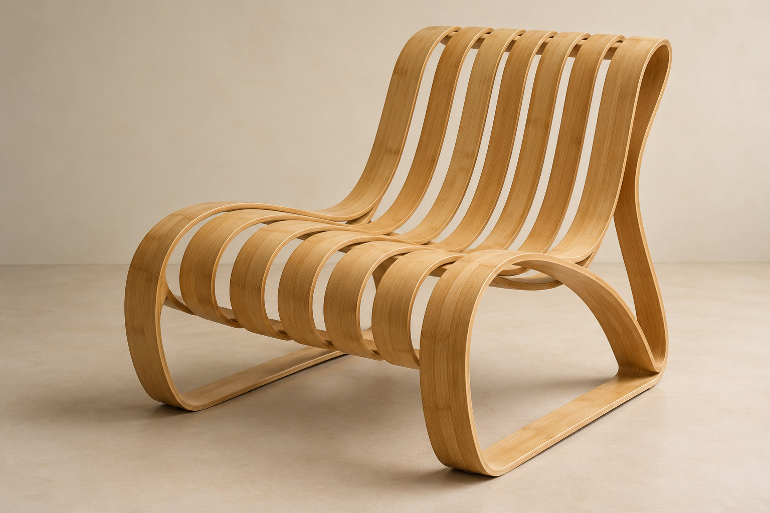 Repeated broad bamboo-like strips bend through an open chair form.
