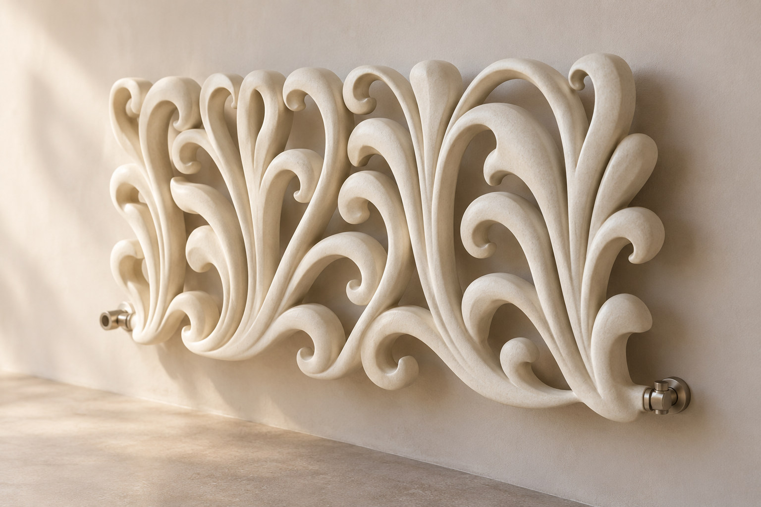 Pale scrolling forms make an open ornamental silhouette against a wall.