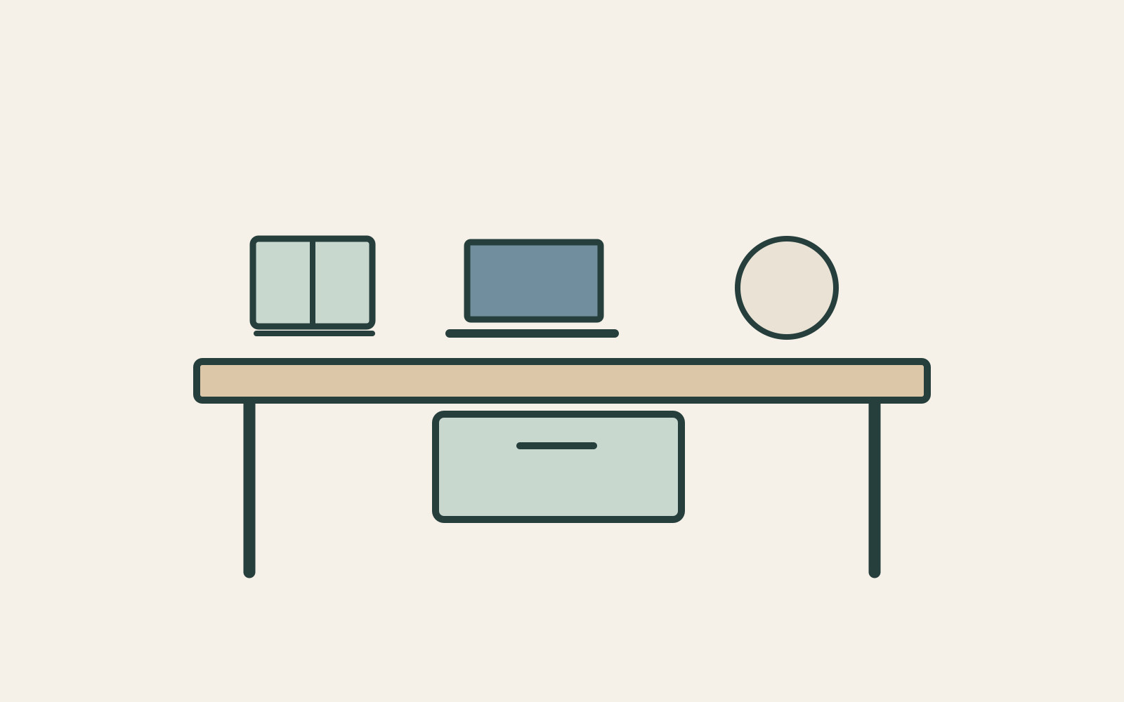 A shared table has changing activity symbols above and nearby storage beneath.