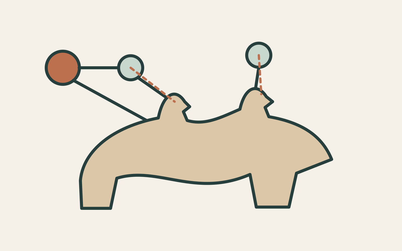Two linked role symbols correspond to abstract profile-like curves within a flowing desk outline.
