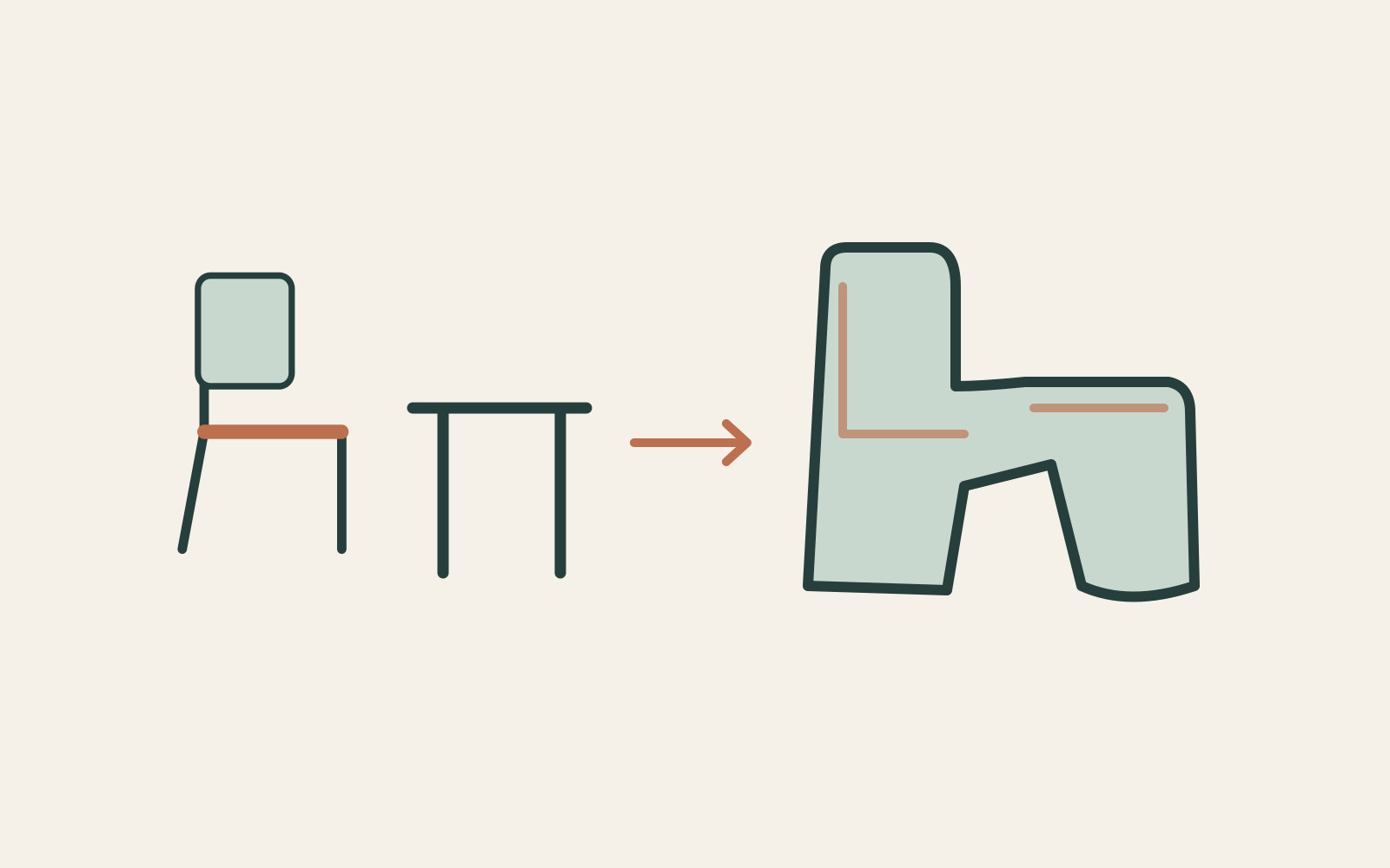 One chair and a table are shown separately and then within a continuous common outline.