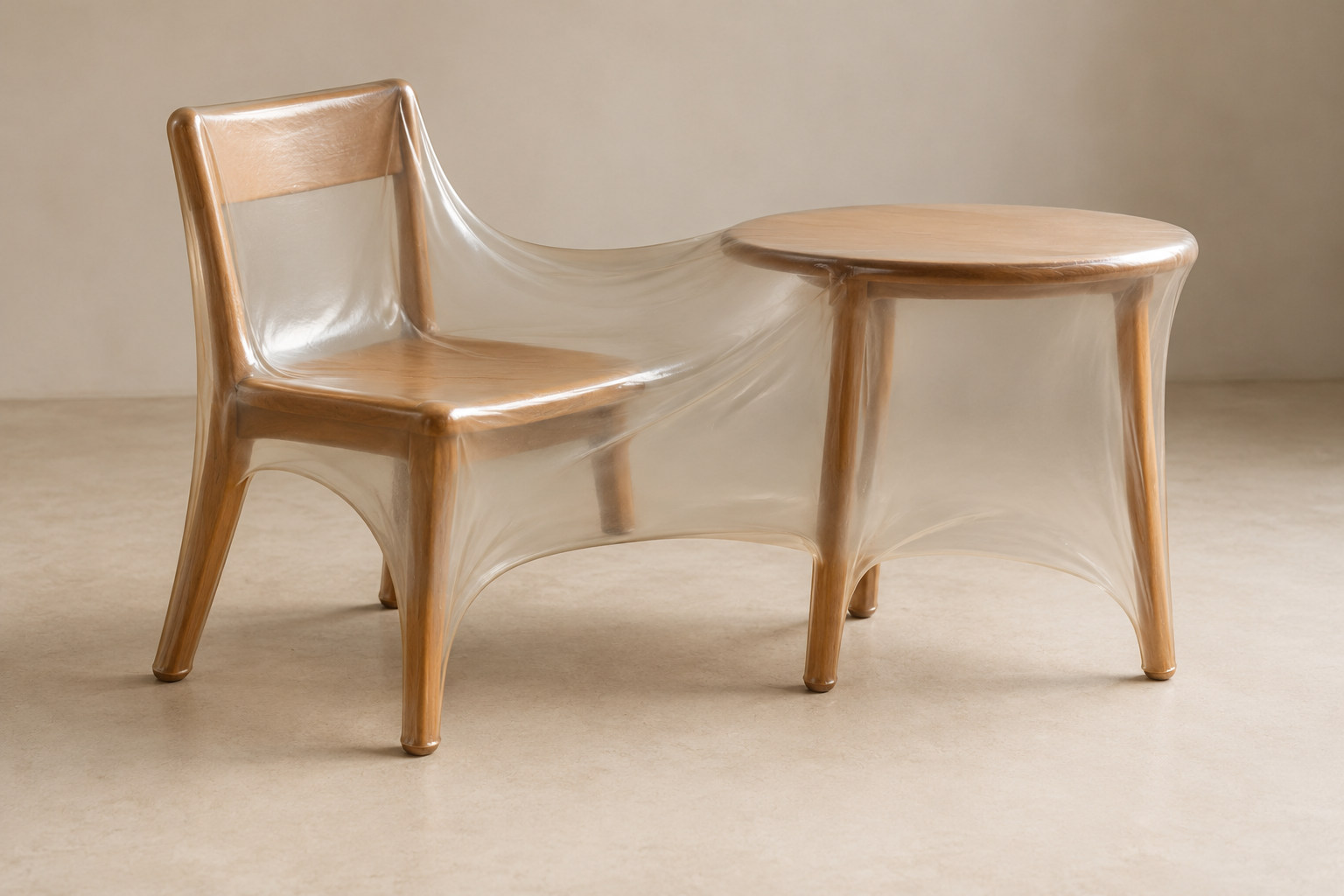 A chair and small table are joined visually by a continuous clear covering.