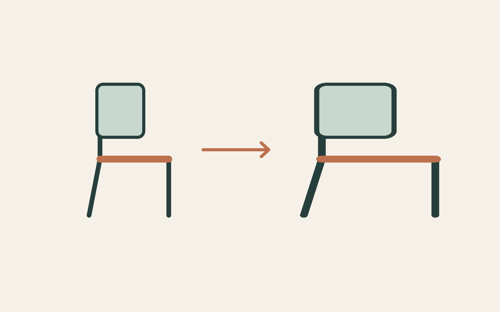 A compact chair outline is repeated as a wider related form, with an arrow indicating a visual extension.