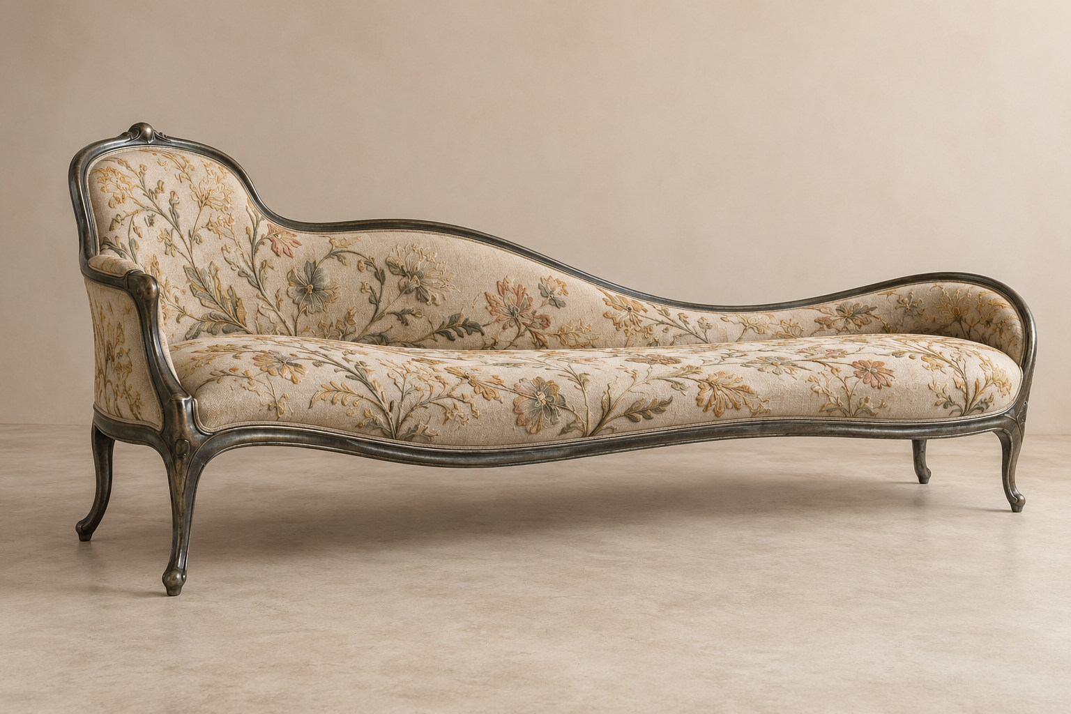 An embroidered seating form has a tall chair-like end and a long flowing extension outlined by dark metal.