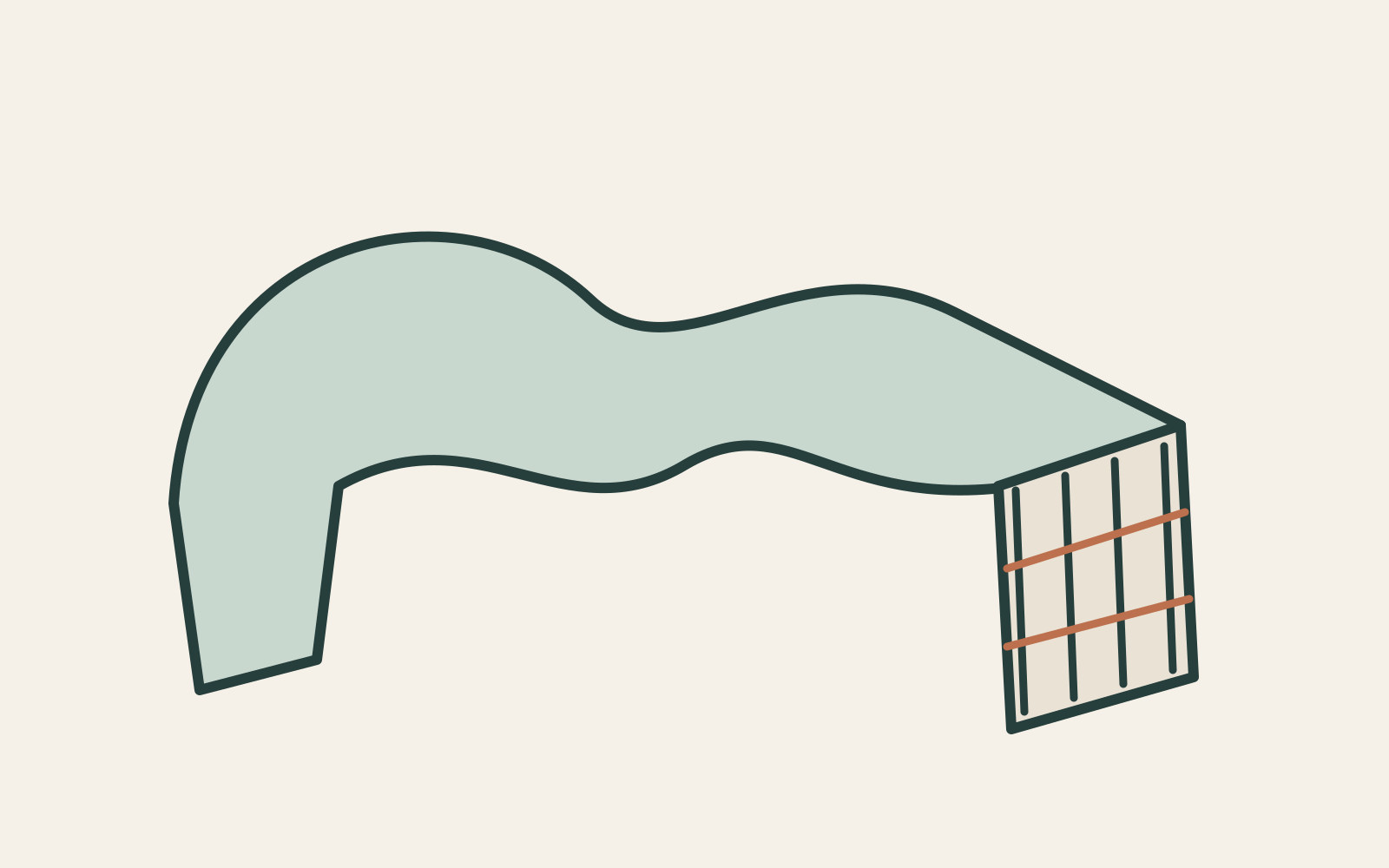 A flowing desk-like outer surface is paired with an exposed sequence of supporting members.