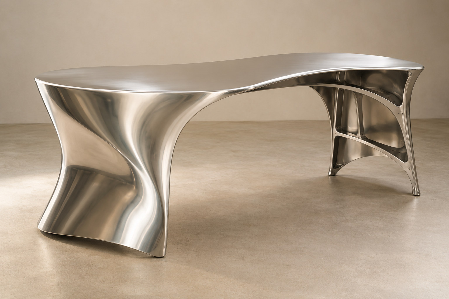 A flowing reflective desk-like surface meets a partly open framed end.