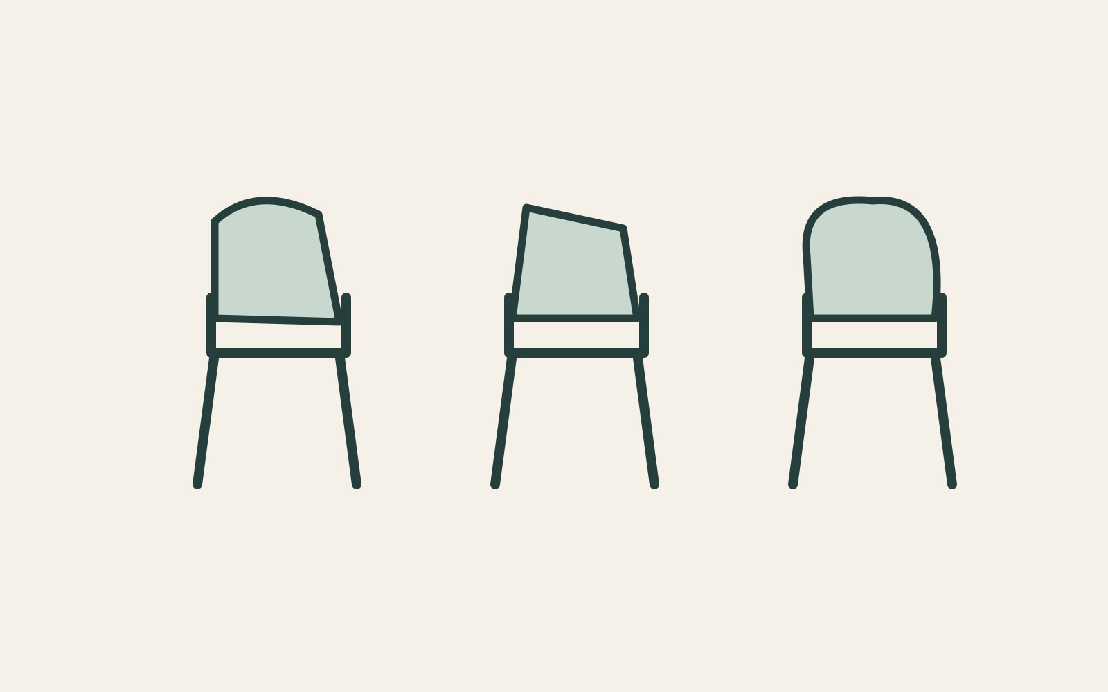 Three repeated chair frames carry three different irregular back shapes.