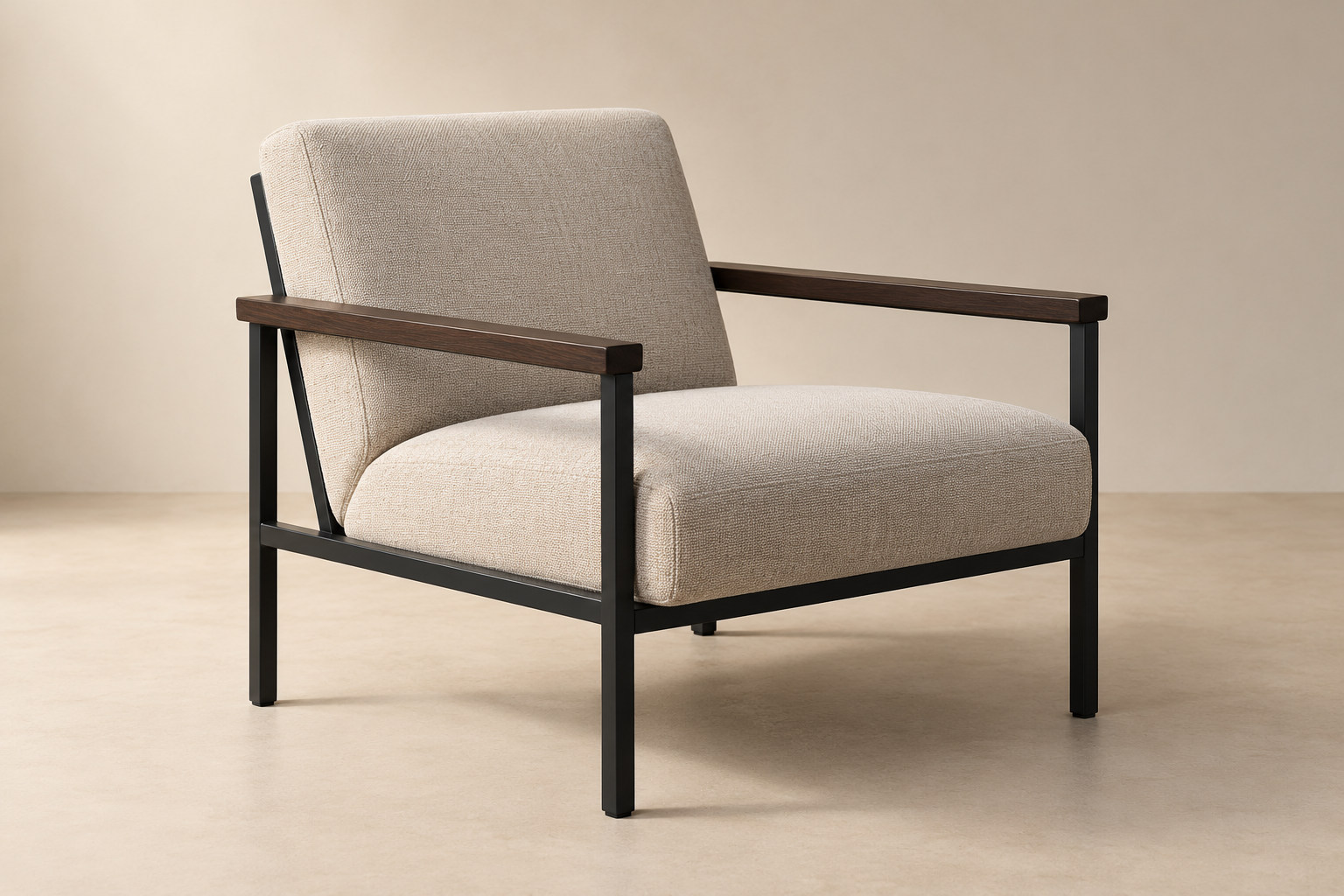 Narrow dark timber arms sit beside broad pale upholstery within a square black frame.