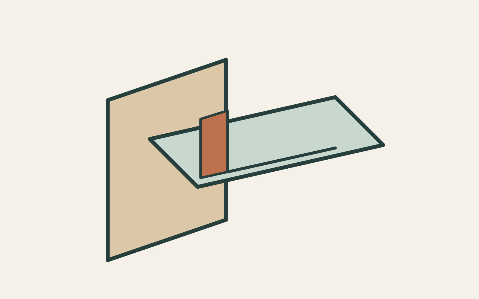 Two differently shaded sheet-like panels overlap at a conceptual meeting point.