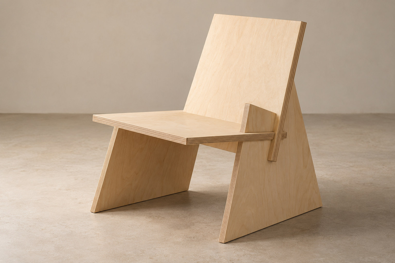 Pale plywood panels form a chair with visible layered edges and overlapping meeting points.