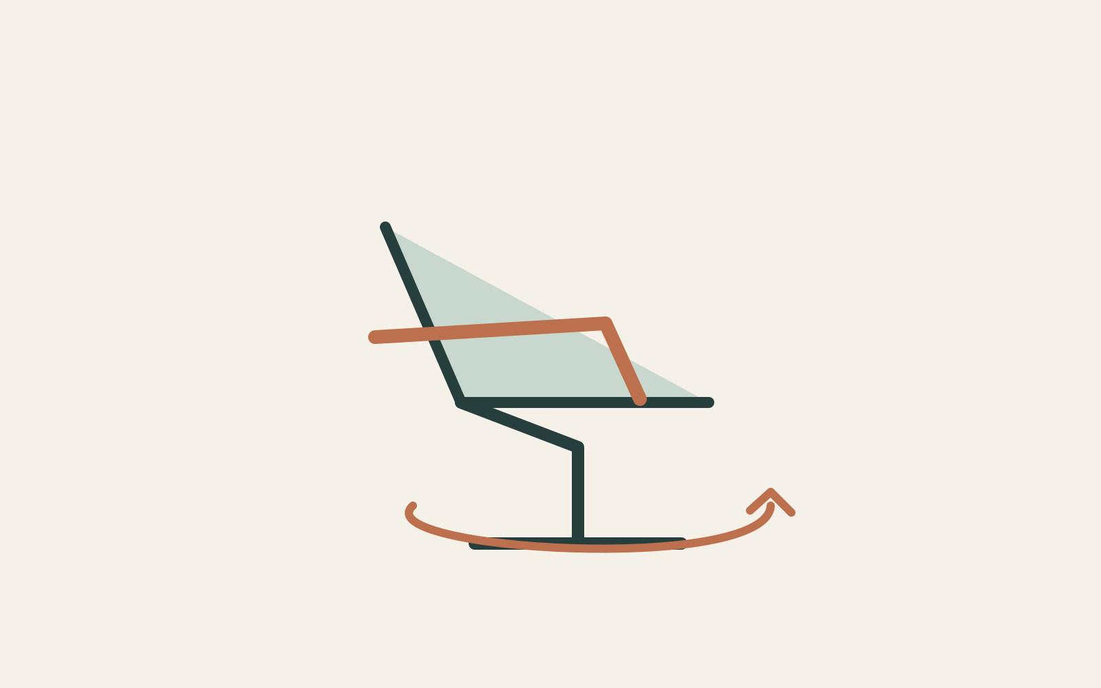 Angled seat and back planes sit above a central support with an arrow indicating turning.