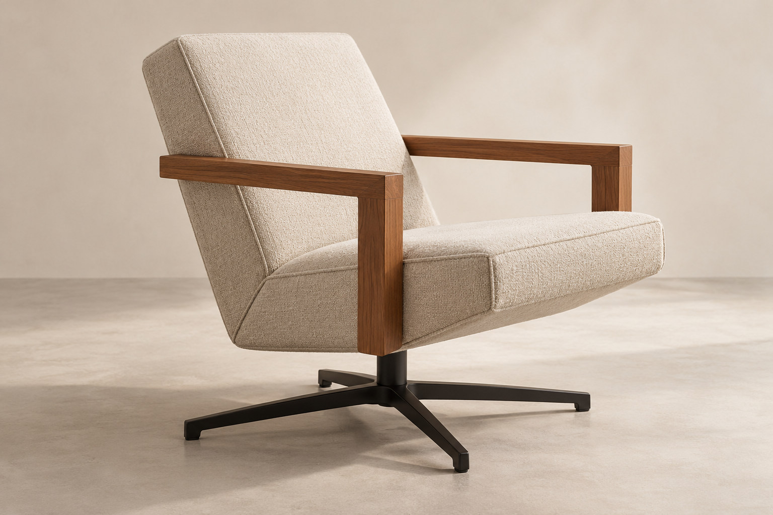 Angled upholstered seat and back planes sit beside timber arms above a dark central support.