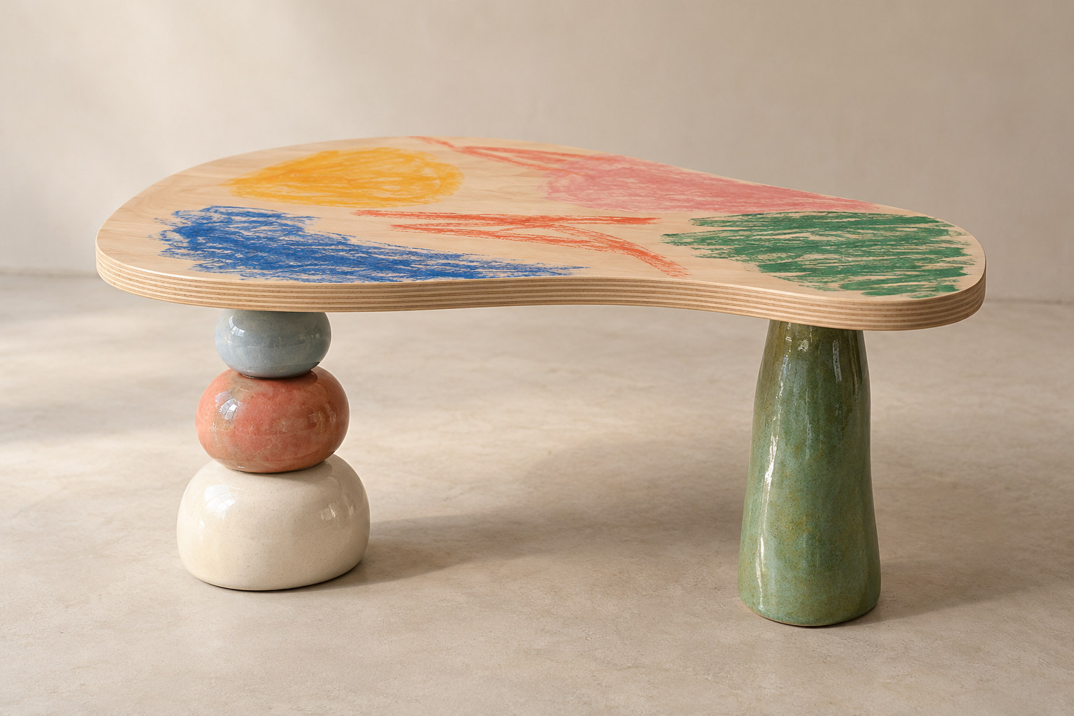 A hand-marked pale tabletop rests on different rounded and tapered glazed-looking supports.