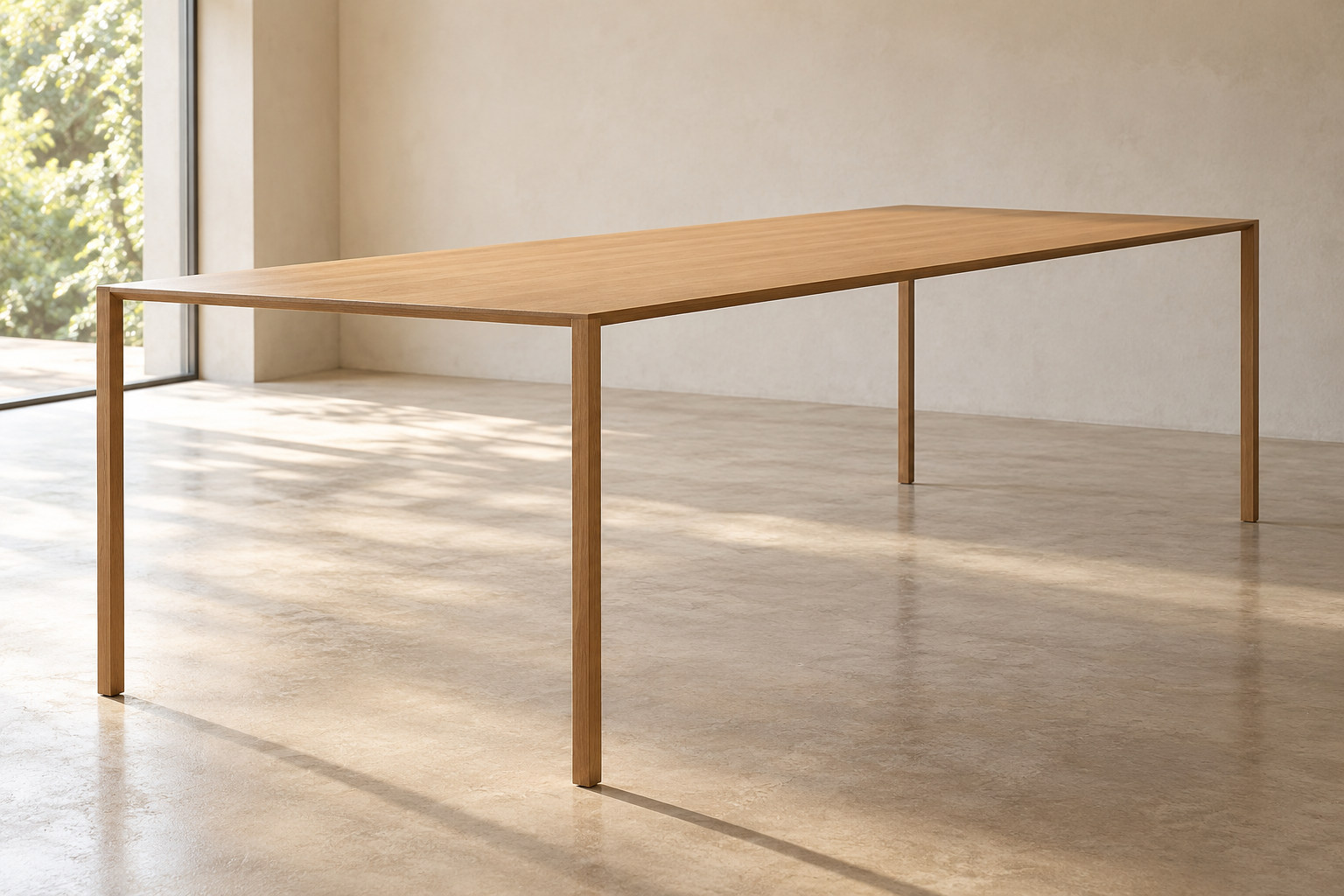 A long rectangular wooden table with a very thin top and slender straight legs, viewed across one corner.