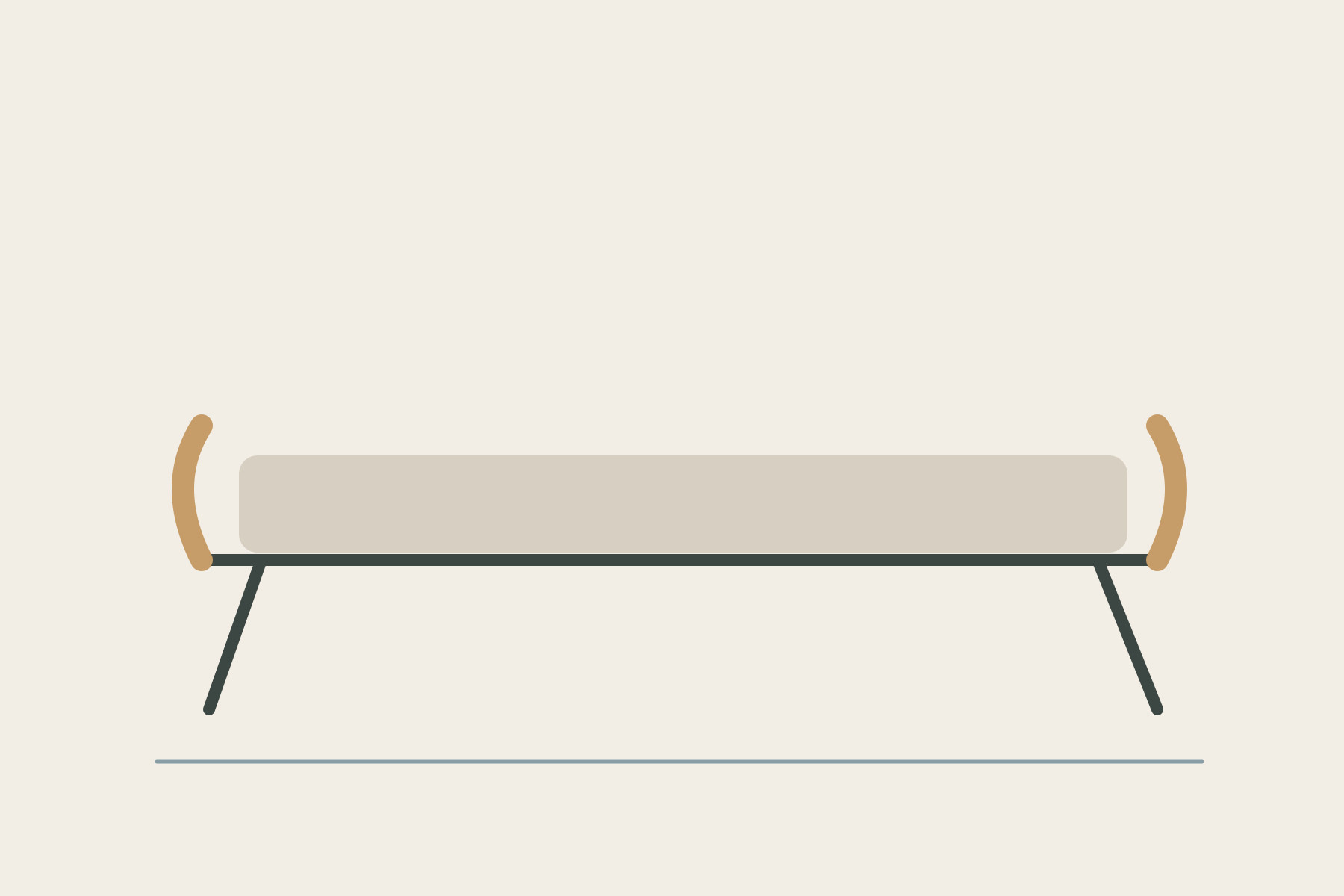 A low mattress line sits above fine splayed supports, with small wood-coloured accents at its ends.