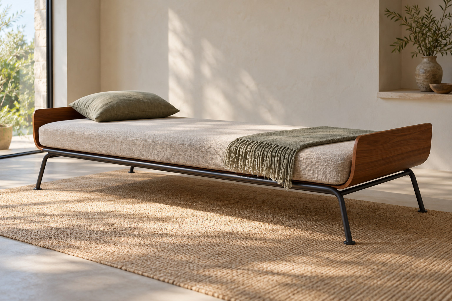 A low single daybed has an open dark metal structure, restrained wooden ends and a simple neutral mattress.