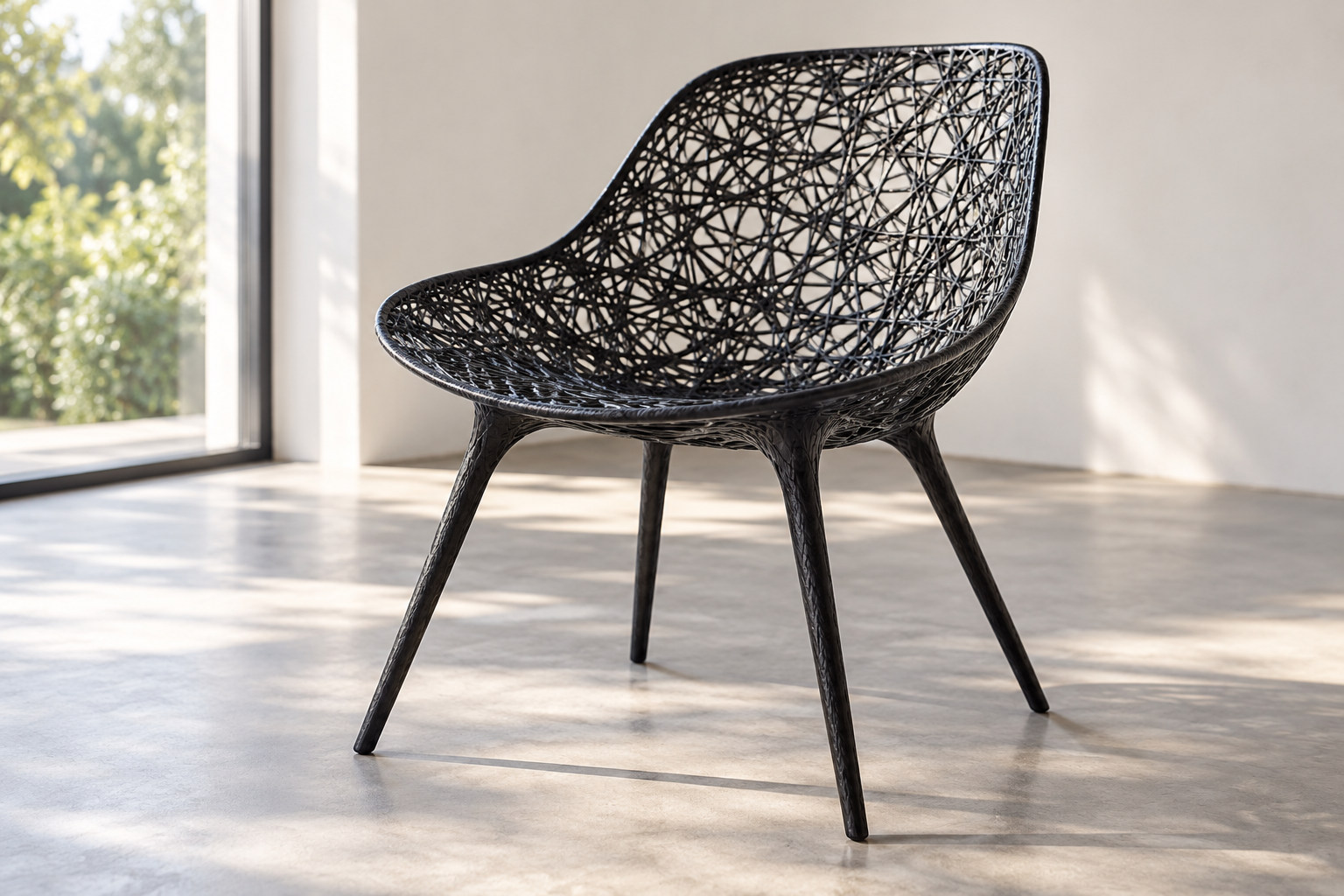 A black open-network chair whose fine composite strands describe the seat and back above slender supports.